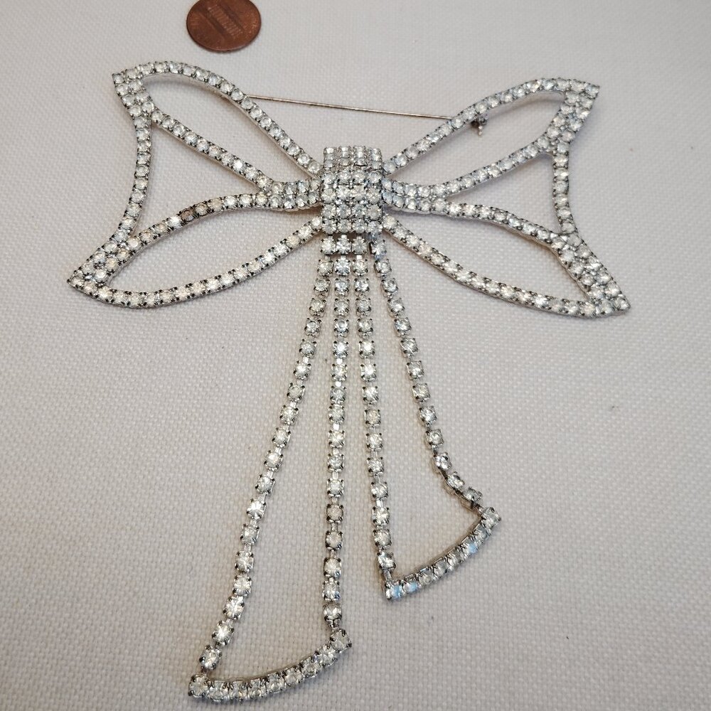 Extra Large Vintage Rhinestone Bow Brooch Silver Tone 5.5"